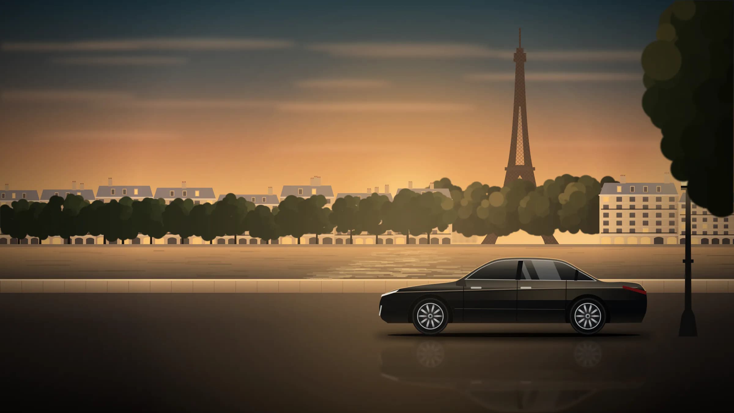 Mercedes Classe S noire stationnée sur les quais de Seine à la golden hour, Tour Eiffel en arrière-plan