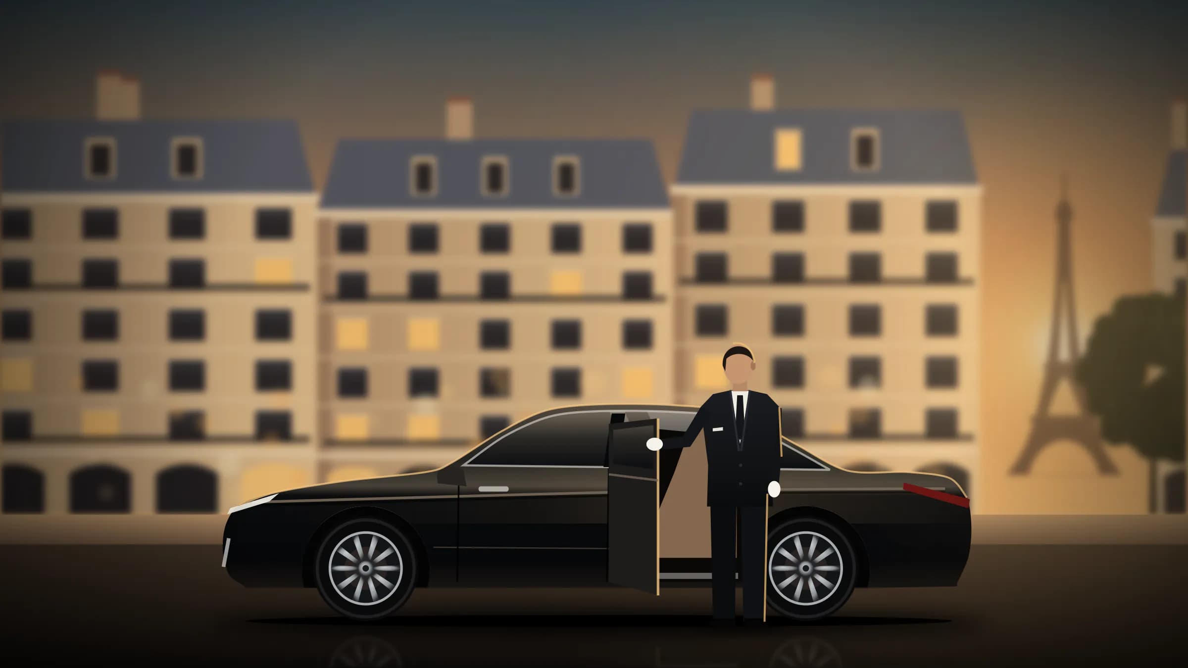 Chauffeur en costume et gants blancs ouvrant la portière arrière d’une berline Mercedes noire à Paris
