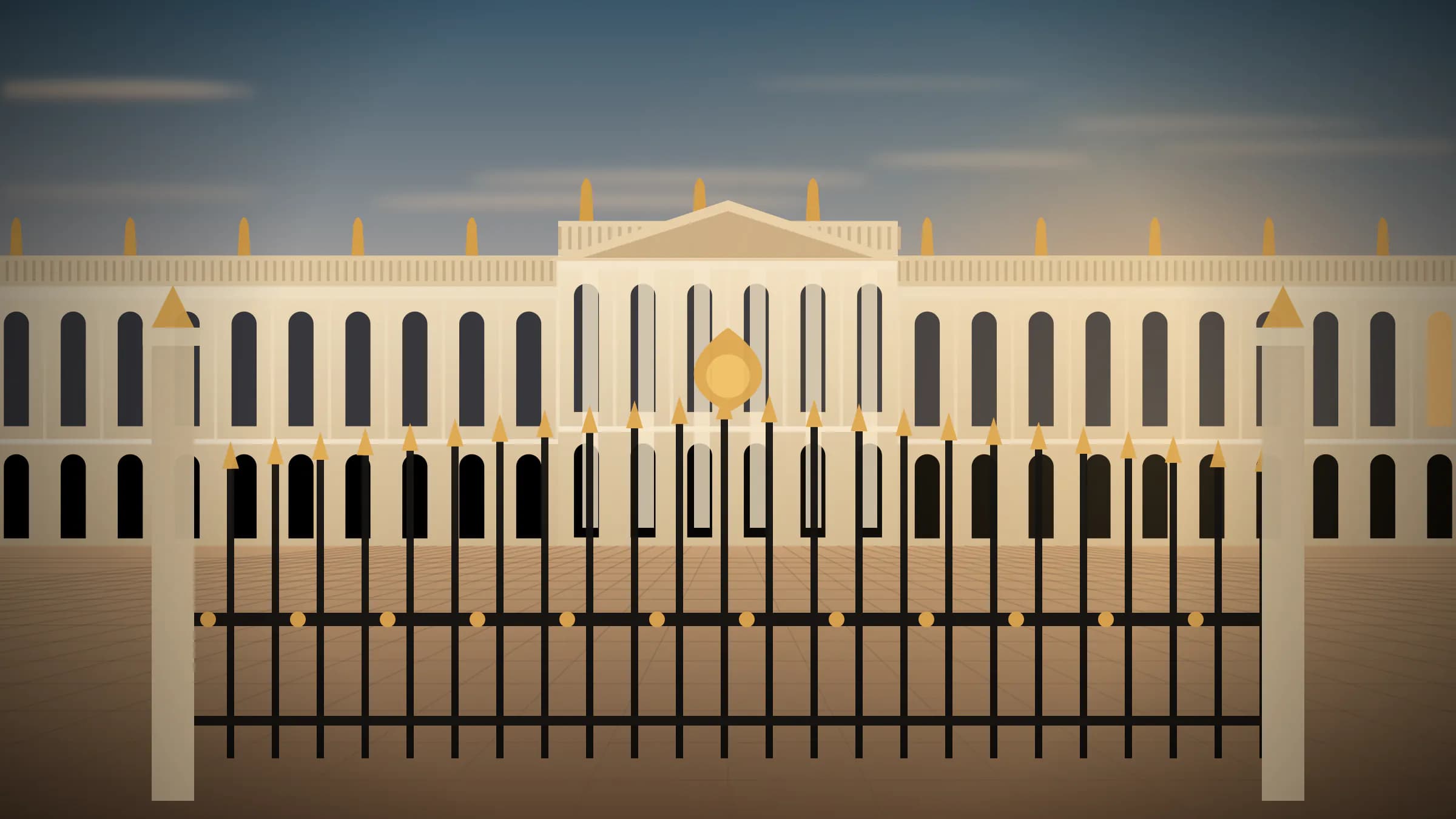 Grille dorée et façade du château de Versailles en fin d’après-midi