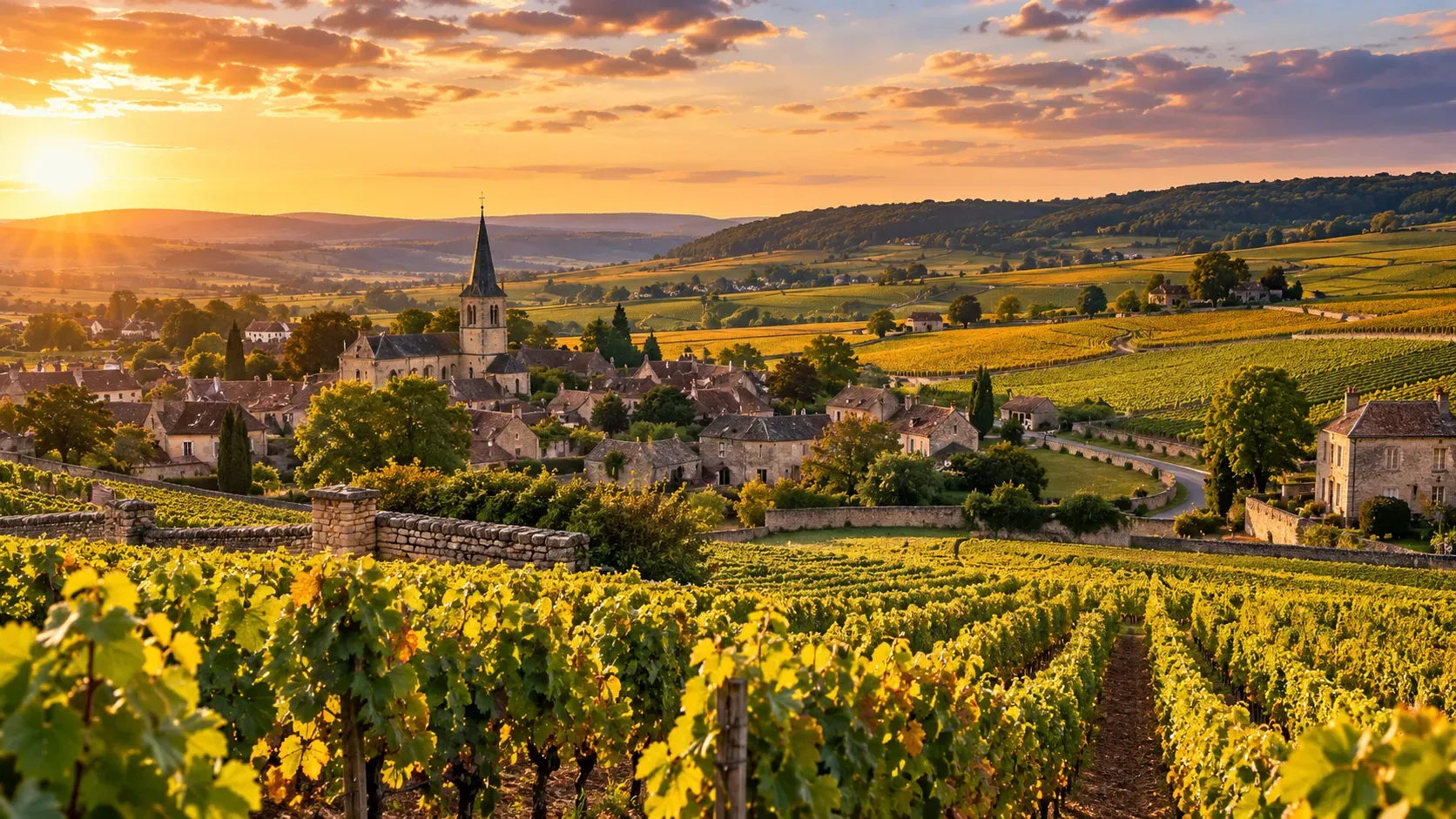 Village viticole de Bourgogne entouré de vignes au coucher du soleil