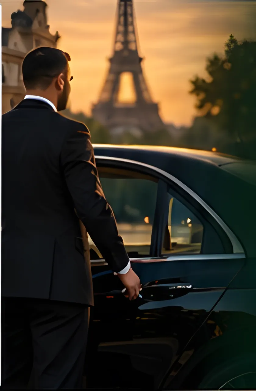 Chauffeur in a suit opening the door of a black saloon car, Eiffel Tower at sunset