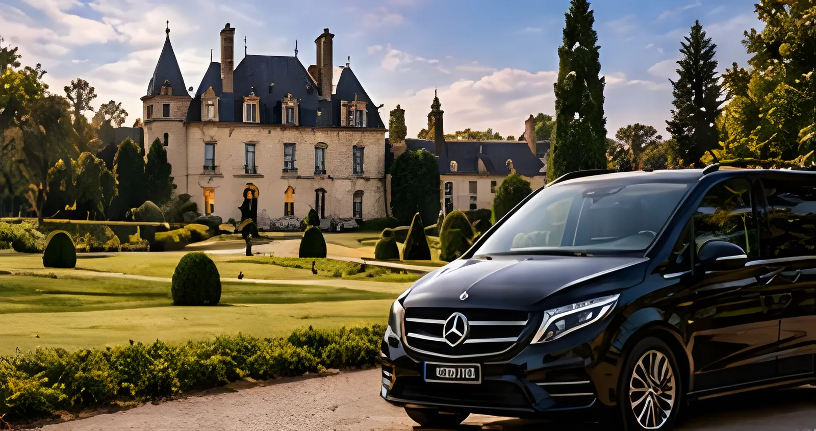 Black Mercedes van parked in front of a château surrounded by formal French gardens