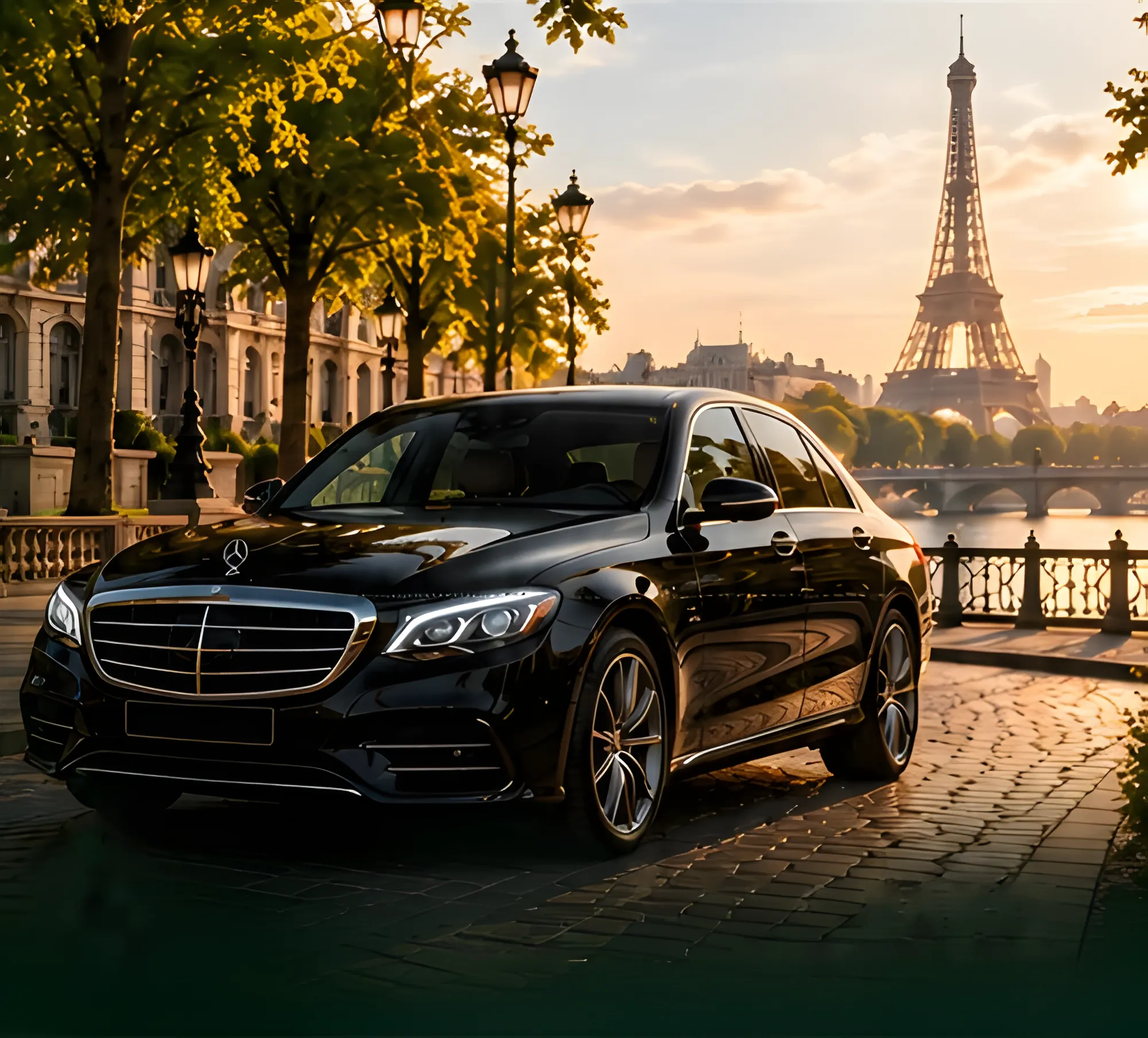 Mercedes Classe S noire sur un quai pavé de Paris au coucher du soleil, Tour Eiffel en arrière-plan