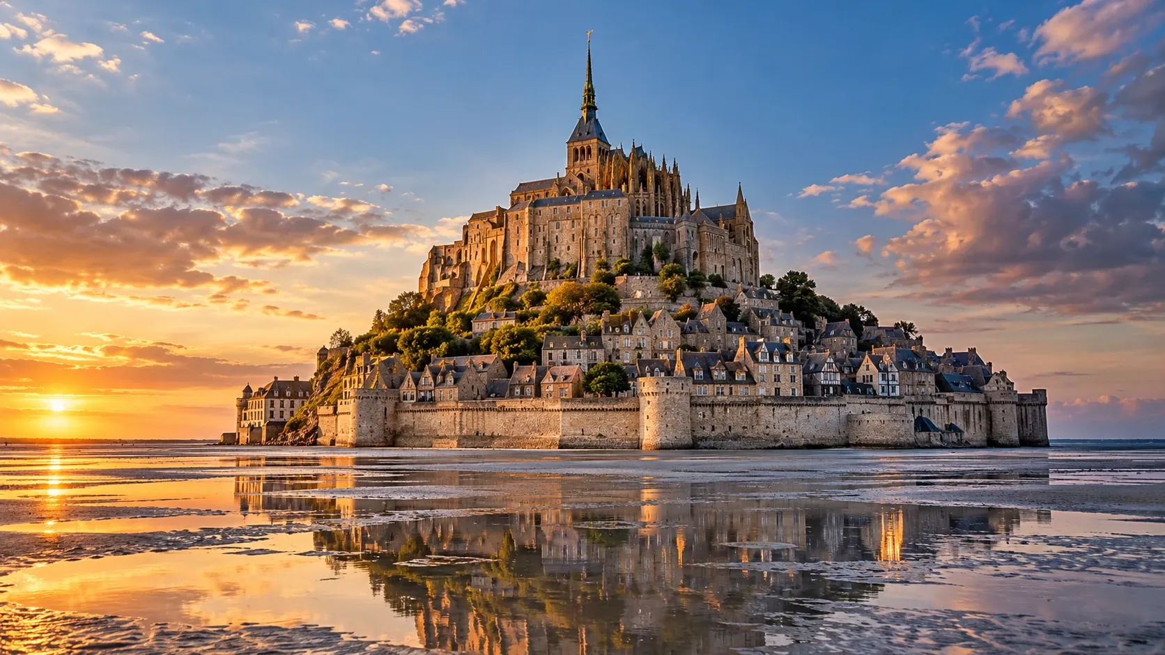 Le Mont-Saint-Michel et son abbaye au coucher du soleil, reflétés dans la baie à marée basse