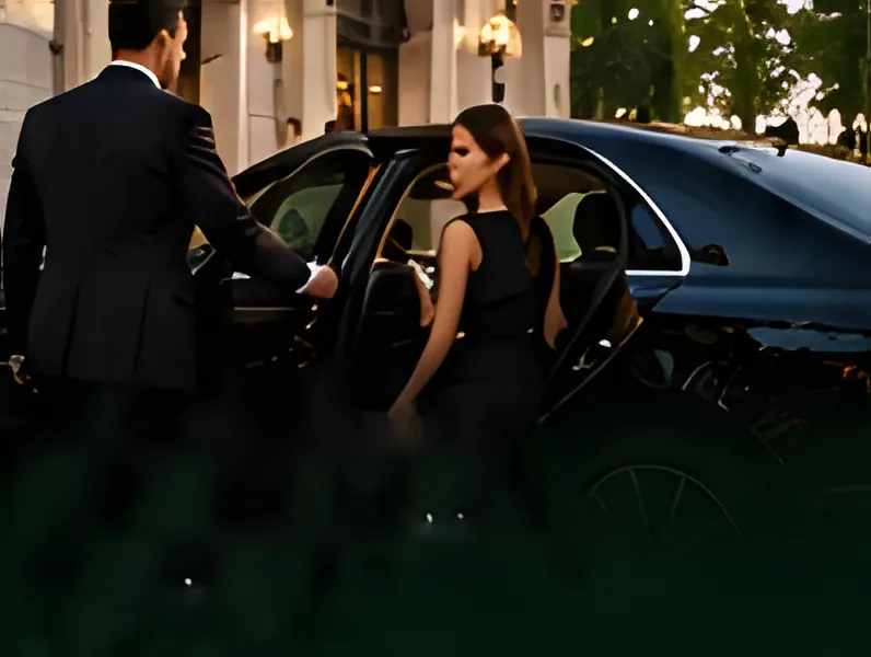 Chauffeur ouvrant la portière d’une berline à une cliente devant un palace