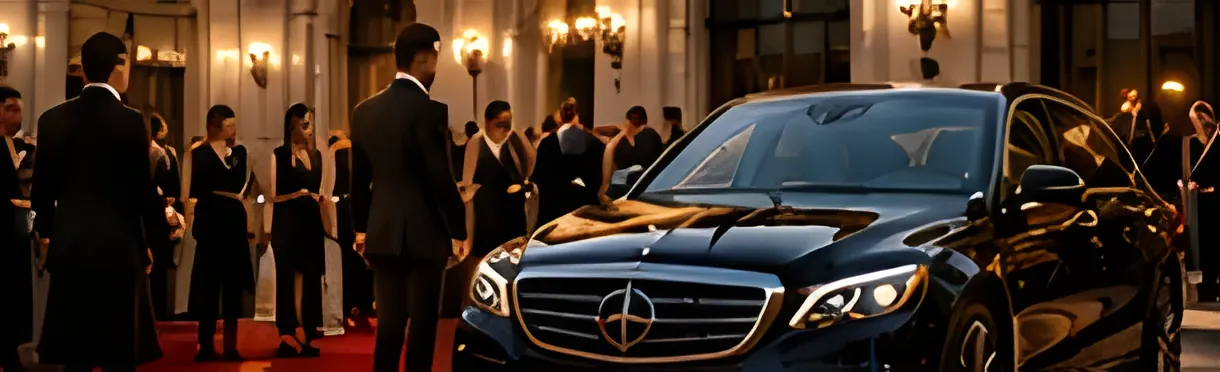 Mercedes saloon in front of an elegant reception with guests and a red carpet